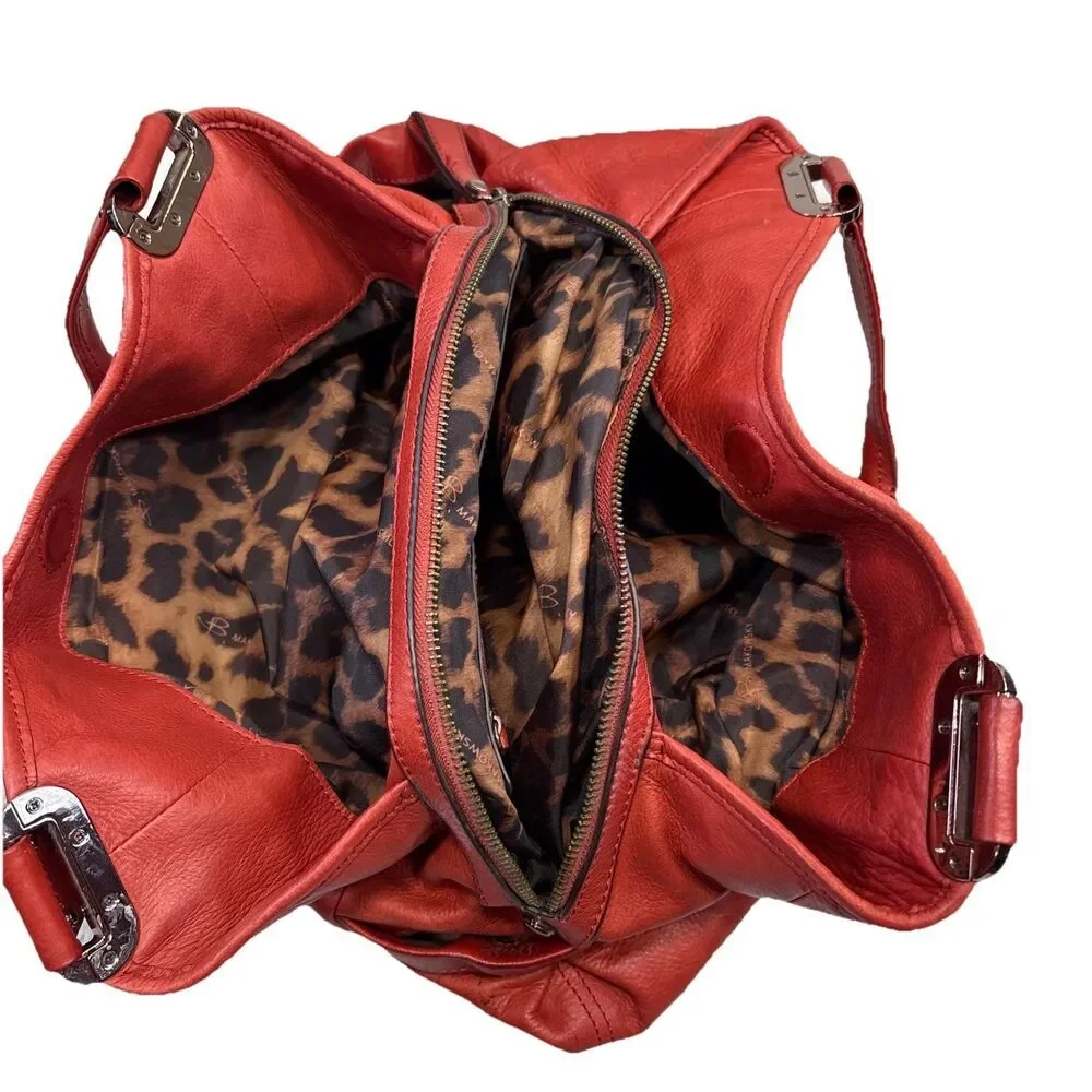 B. Makowsky Red Orange Pebbled Leather Satchel Bag Boho Shoulder Purse 3-Section